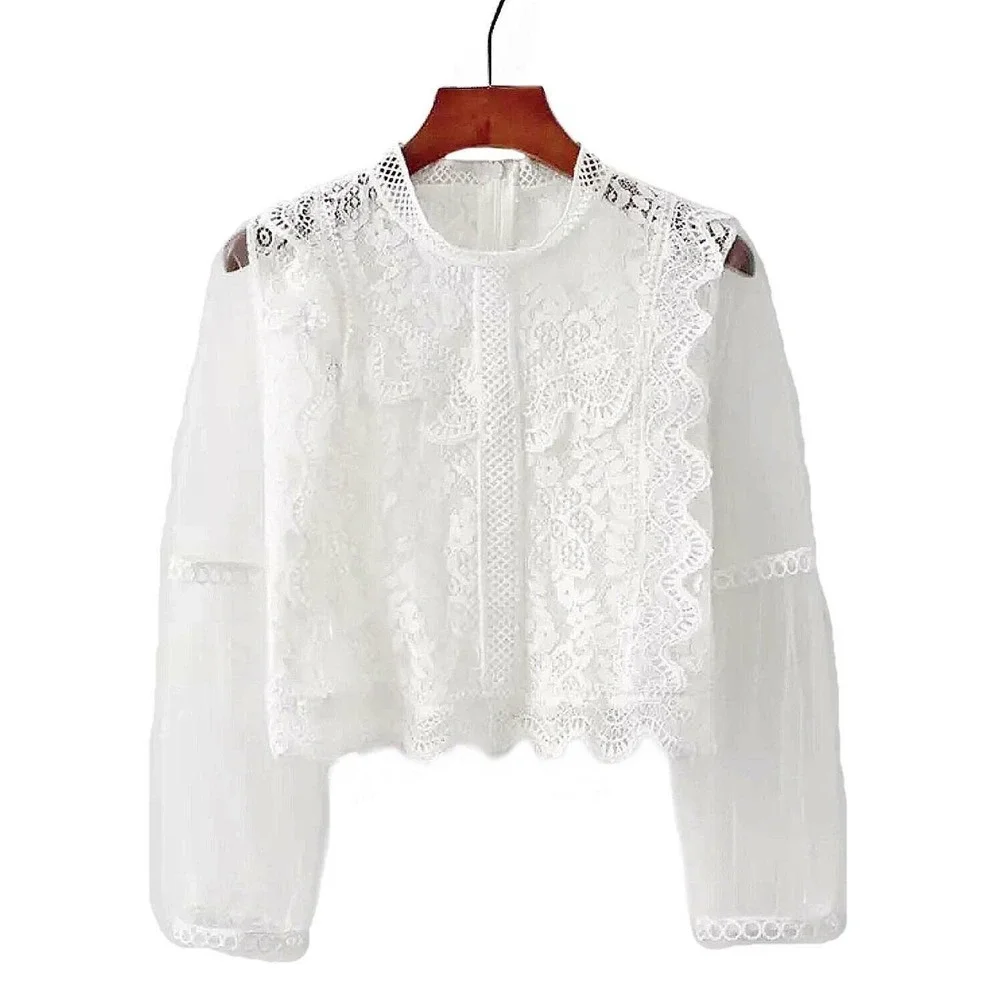 White BOHO Lace Top with Long Mesh Sleeves Crop Summer Blouse One Size RT-01